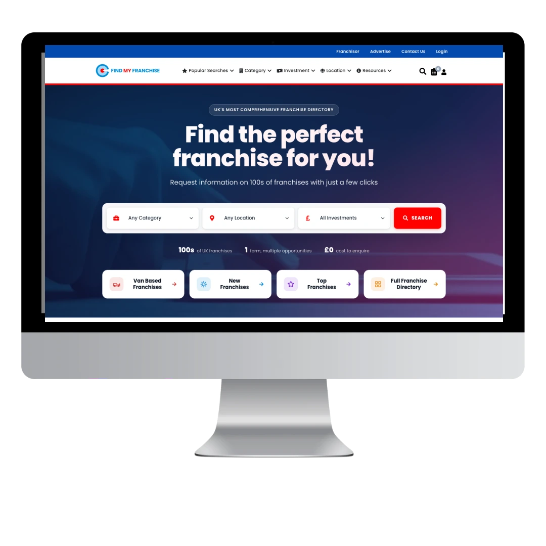 Find My Franchise homepage shown on an iMac